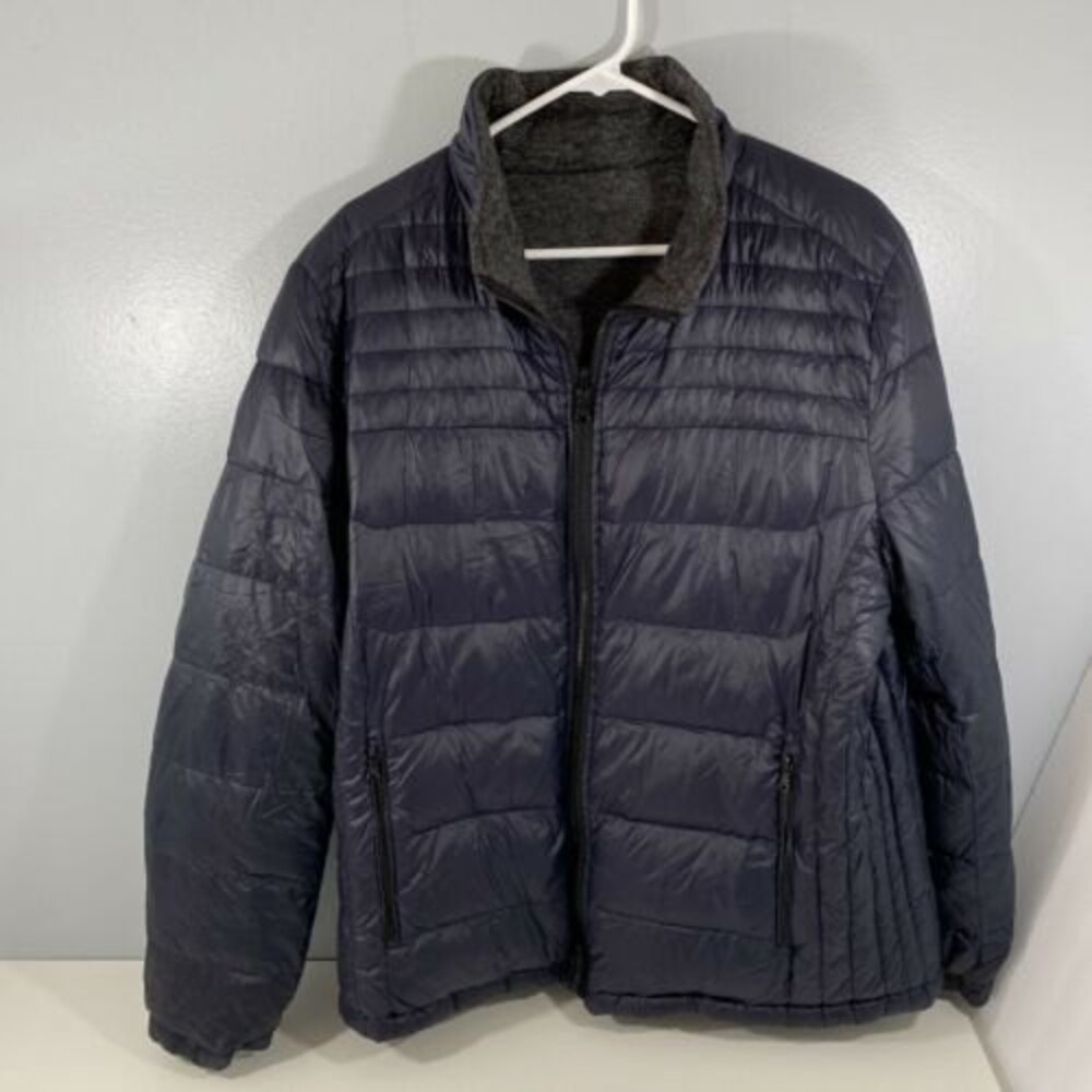 Johnston & Murphy Jacket Mens XL Navy Gray Reversible Goose Down Puffer READ‎